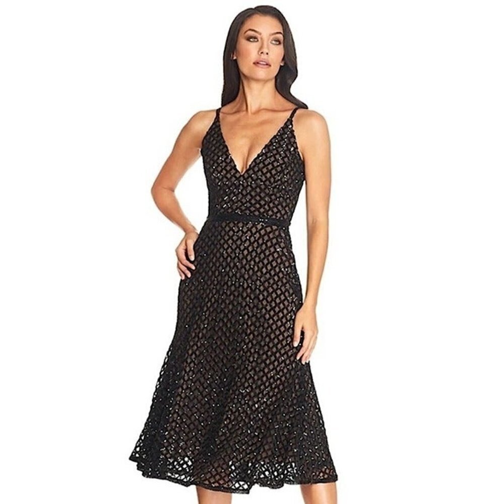 Dress The Population Gracie Sequin V-Neck Cocktail Midi Dress Black‎ Nude XXS